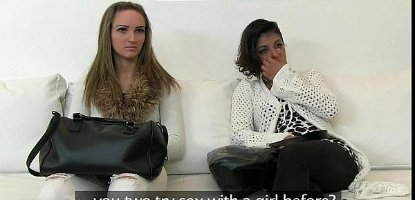  Lesbian amateur girls fucked by fakeagent on couch